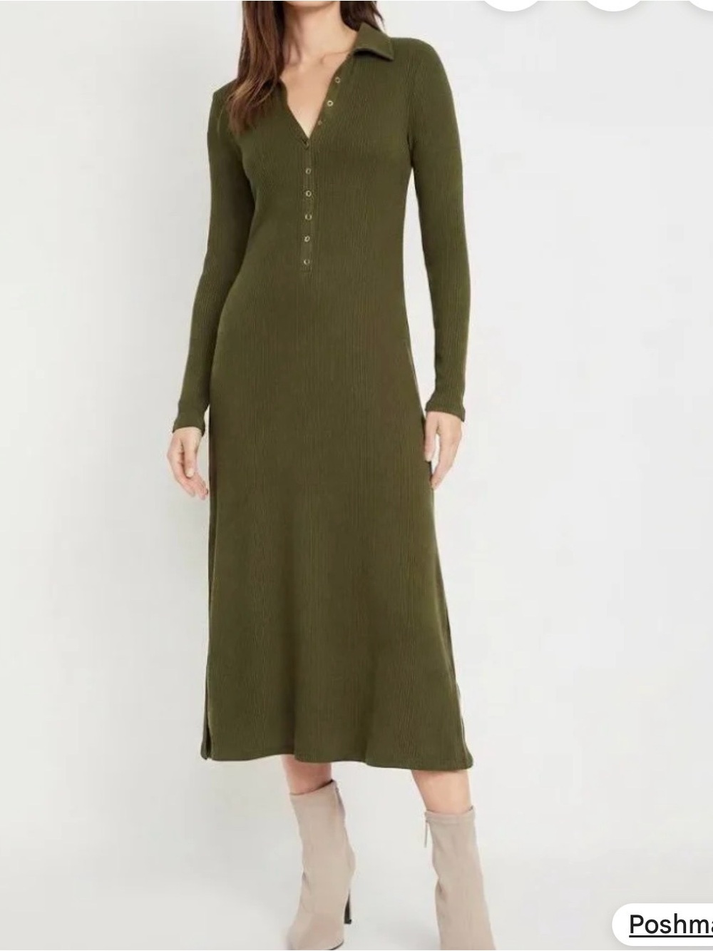 Old Navy Ribbed Polo Knit Midi Dress in Olive Green, Small